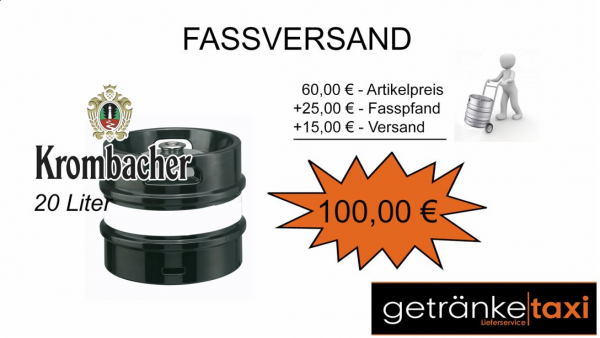VERSAND + Krombacher 20 L Fassbier (+ 25,00€ Pfand)